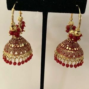 Gold Bollywood red bead earrings